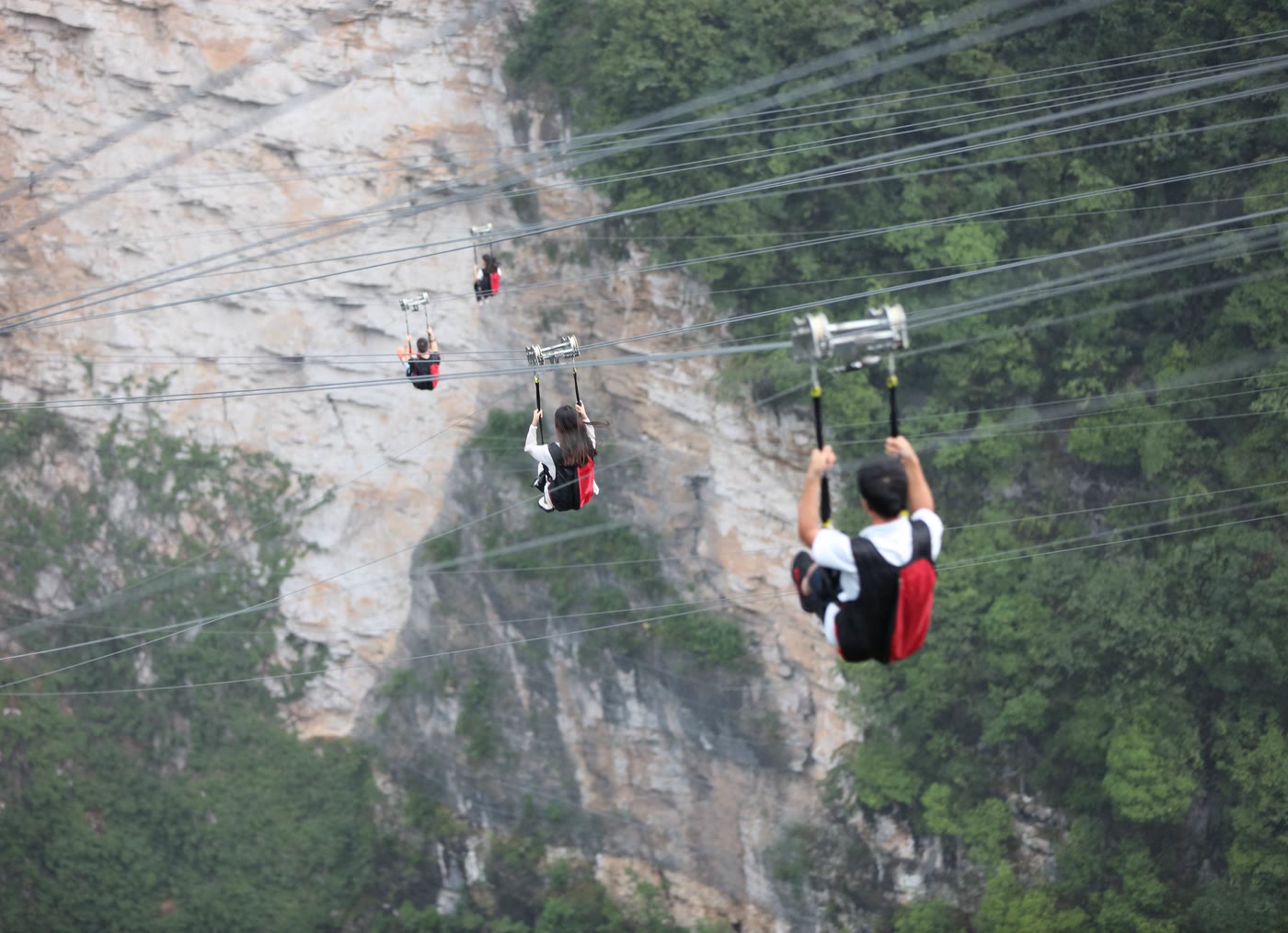 Multiple zipline cables running parallel across a canyon